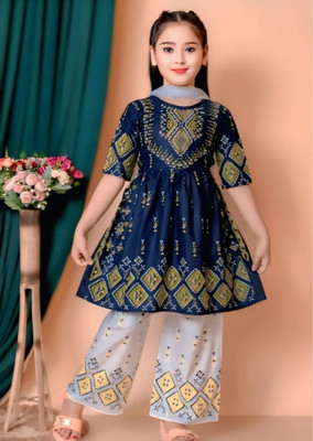 HEENADRESS Girls Festive & Party Kurta and Palazzo Set(Blue Pack of 1)