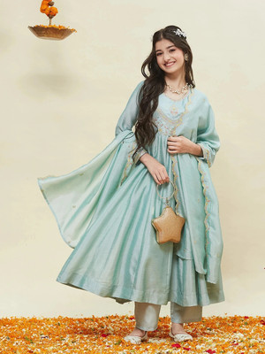 Curly Tales Girls Festive & Party Kurta and Dupatta Set(Blue Pack of 1)