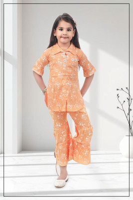 Smuktar garments Baby Girls Casual, Festive & Party, Wedding Kurta and Palazzo Set(Orange Pack of 1)