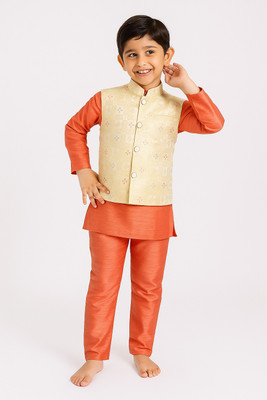 WEARBLISS Boys Festive & Party, Wedding Kurta, Waistcoat and Pyjama Set(Orange Pack of 1)