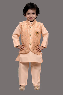 OJ Trend Boys Wedding Kurta, Waistcoat and Pyjama Set(Pink Pack of 1)