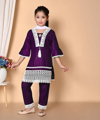 Suhana Kolkata Girls Festive & Party Kurta, Pyjama & Dupatta Set(Purple Pack of 1)
