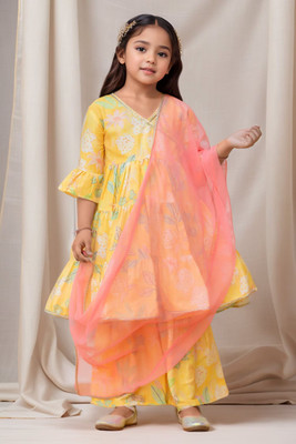 Sangria Girls Festive & Party Kurta and Sharara Set(Yellow Pack of 1)