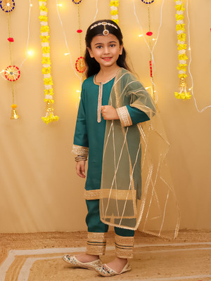 little ginnie Girls Festive & Party Kurta, Pyjama & Dupatta Set(Green Pack of 1)