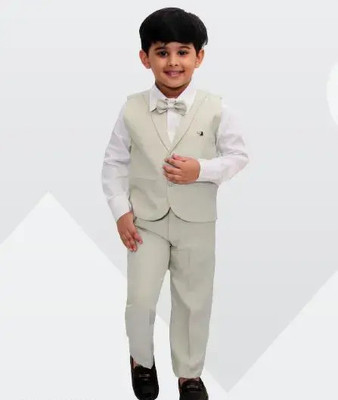 vkreation Boys Festive & Party Shirt, Waistcoat and Pant Set(Beige Pack of 1)