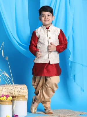 VASTRAMAY Boys Festive & Party Ethnic Jacket, Kurta and Dhoti Pant Set(Maroon Pack of 1)