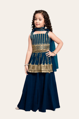 Tulsi Creation Girls Wedding Kurta and Palazzo Set(Blue Pack of 1)