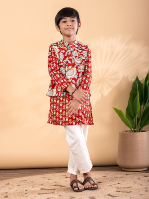 Readiprint Boys Festive & Party Kurta, Waistcoat and Pyjama Set(Red Pack of 1)