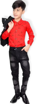 BABUSHONA Boys Festive & Party Shirt, Waistcoat and Pant Set(Red Pack of 1)