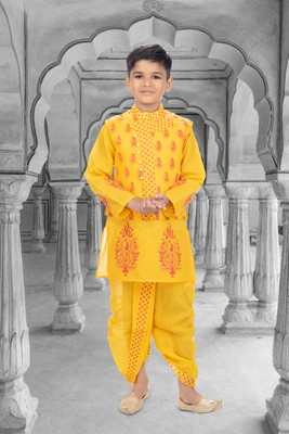 Smuktar garments Baby Boys Casual, Festive & Party, Wedding Kurta, Waistcoat and Dhoti Pant Set(Yellow Pack of 1)