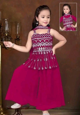 Dhvra Fashion Girls Wedding Kurta and Palazzo Set(Pink Pack of 1)