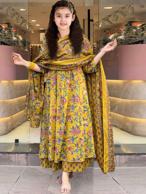 Mitukart Girls Casual Churidar and Dupatta Set(Yellow Pack of 1)