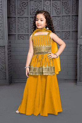 Tulsi Creation Girls Festive & Party Angarkha and Sharara Set(Yellow Pack of 1)