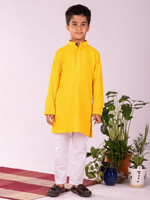 VASTRAMAY Boys Festive & Party Kurta and Pyjama Set(Yellow Pack of 1)