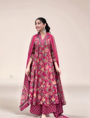 Aarya Designer Girls Festive & Party Kurta, Pyjama & Dupatta Set(Pink Pack of 1)