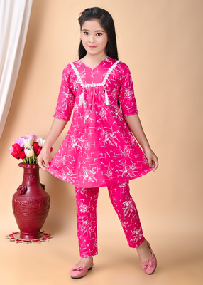NFASHION Girls Casual Kurta and Pyjama Set(Pink Pack of 1)