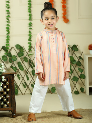 Junitos Boys Casual Kurta and Pyjama Set(Orange Pack of 1)