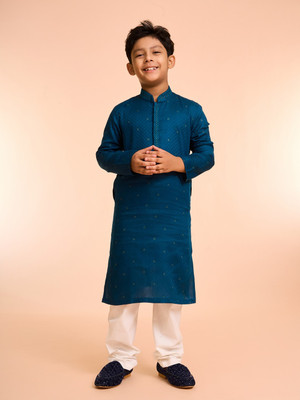 MANYAVAR Boys Festive & Party Kurta and Pyjama Set(Blue Pack of 1)