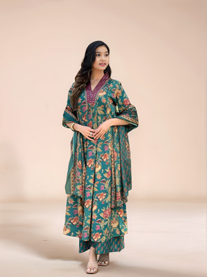 Aarya Designer Girls Festive & Party Kurta, Pyjama & Dupatta Set(Green Pack of 1)