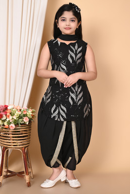 Padosi Girls Festive & Party Angarkha, Dhoti & Dupatta Set(Black Pack of 3)