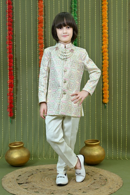 AHHAAAA Boys Festive & Party Sherwani and Churidar Set(Beige Pack of 1)