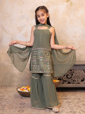 AJ Dezines Girls Festive & Party Kurta and Sharara Set(Green Pack of 1)