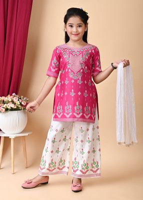 HouseOfCommon Girls Casual, Festive & Party Kurta, Pyjama & Dupatta Set(Pink Pack of 1)