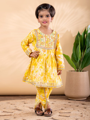 Readiprint Girls Festive & Party Kurta and Dhoti Pant Set(Yellow Pack of 2)