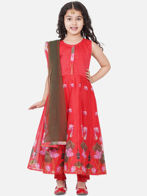 Bitiya By Bhama Girls Festive & Party Kurta, Pyjama & Dupatta Set(Red Pack of 1)