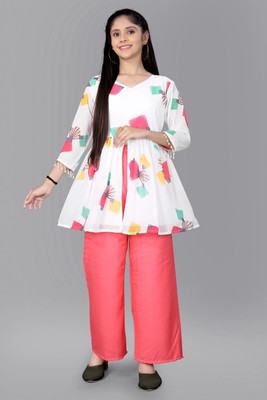 misha enterprise Girls Casual Kurta and Palazzo Set(White Pack of 1)