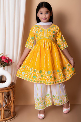 FIRST DREAM Girls Festive & Party Kurta, Pyjama & Dupatta Set(Yellow Pack of 1)