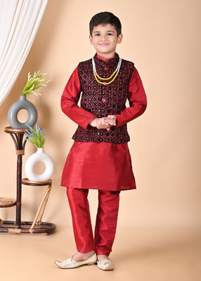 Bright Garments Dresses Boys Festive & Party Kurta, Waistcoat and Pyjama Set(Red Pack of 1)