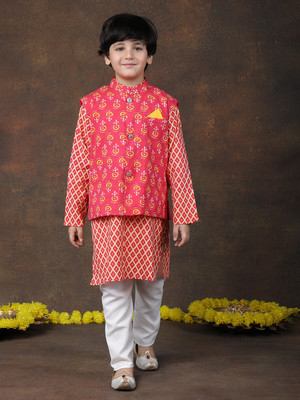Superminis Boys Festive & Party Kurta, Waistcoat and Pyjama Set(Pink Pack of 1)