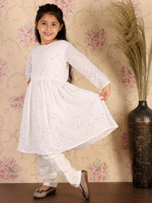 VASTRAMAY Girls Festive & Party Kurta and Churidar Set(White Pack of 1)