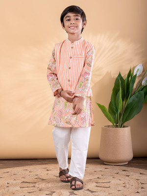 Readiprint Boys Festive & Party Kurta, Waistcoat and Pyjama Set(Orange Pack of 3)