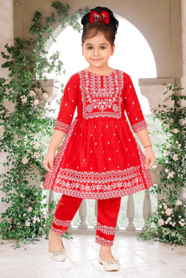 ULTRA TREND Girls Festive & Party Kurta and Pyjama Set(Red Pack of 1)