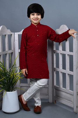 Almora Boys Wedding Kurta and Pyjama Set(Maroon Pack of 1)
