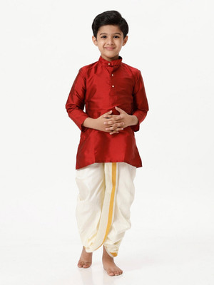 Ramraj Cotton Boys Festive & Party Kurta and Dhoti Pant Set(Red Pack of 1)