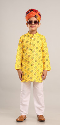 LABELZERO Boys Festive & Party Kurta and Pyjama Set(Yellow Pack of 1)
