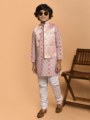PRINTCULTR Boys Festive & Party Kurta, Waistcoat and Pyjama Set(Pink Pack of 3)