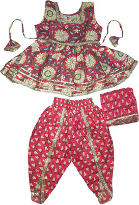 AHAANCREATION Girls Festive & Party Kurta and Trouser Set(Pink Pack of 1)