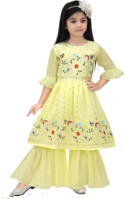 ROSE Girls Festive & Party Kurta and Palazzo Set(Yellow Pack of 1)
