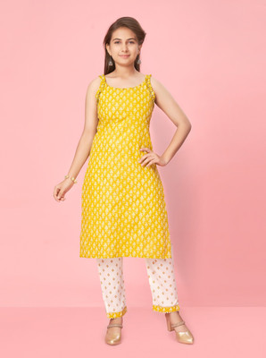 Sangria Girls Festive & Party Kurta and Trouser Set(Yellow Pack of 1)