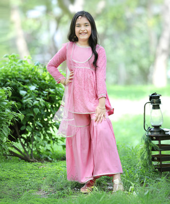CUTIEKINS Girls Festive & Party Angarkha and Sharara Set(Pink Pack of 3)