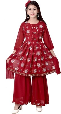 Fhituviiij Hub Girls Casual Kurta, Pyjama & Dupatta Set(Brown Pack of 1)