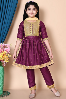 Royall Collection Girls Festive & Party Kurta and Pyjama Set(Maroon Pack of 1)