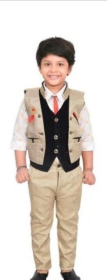 ADF Baby Boys Festive & Party Shirt, Waistcoat and Pant Set(Beige Pack of 1)