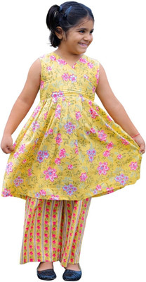 Advik Girls Festive & Party Angarkha and Sharara Set(Yellow Pack of 1)