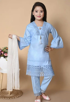 AR KEFA Girls Festive & Party Kurta, Pyjama & Dupatta Set(Light Blue Pack of 1)