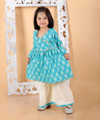 MoMaa Girls Festive & Party Angarkha and Sharara Set(Light Blue Pack of 1)